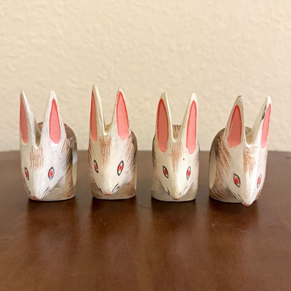 Vintage Hand Carved Wood Bunny Rabbit Napkin Rings Set of 4 Painted Philippines
